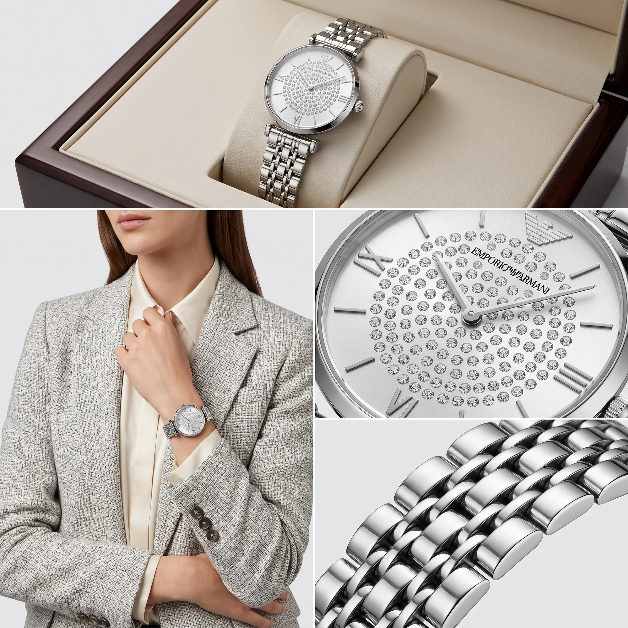 Emporio Armani Gianni T-Bar Crystal Steel — إيمبوريو أرماني جياني تي-بار الكريستالية الفولاذية (أرماني دياموند النسائية الفاخرة)