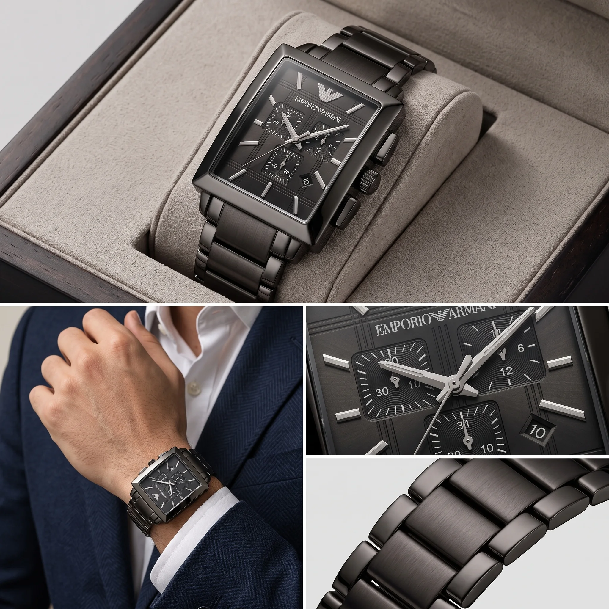 Emporio Armani Rectangular Chronograph Full Black — إيمبوريو أرماني كرونوغراف المستطيلة السوداء بالكامل