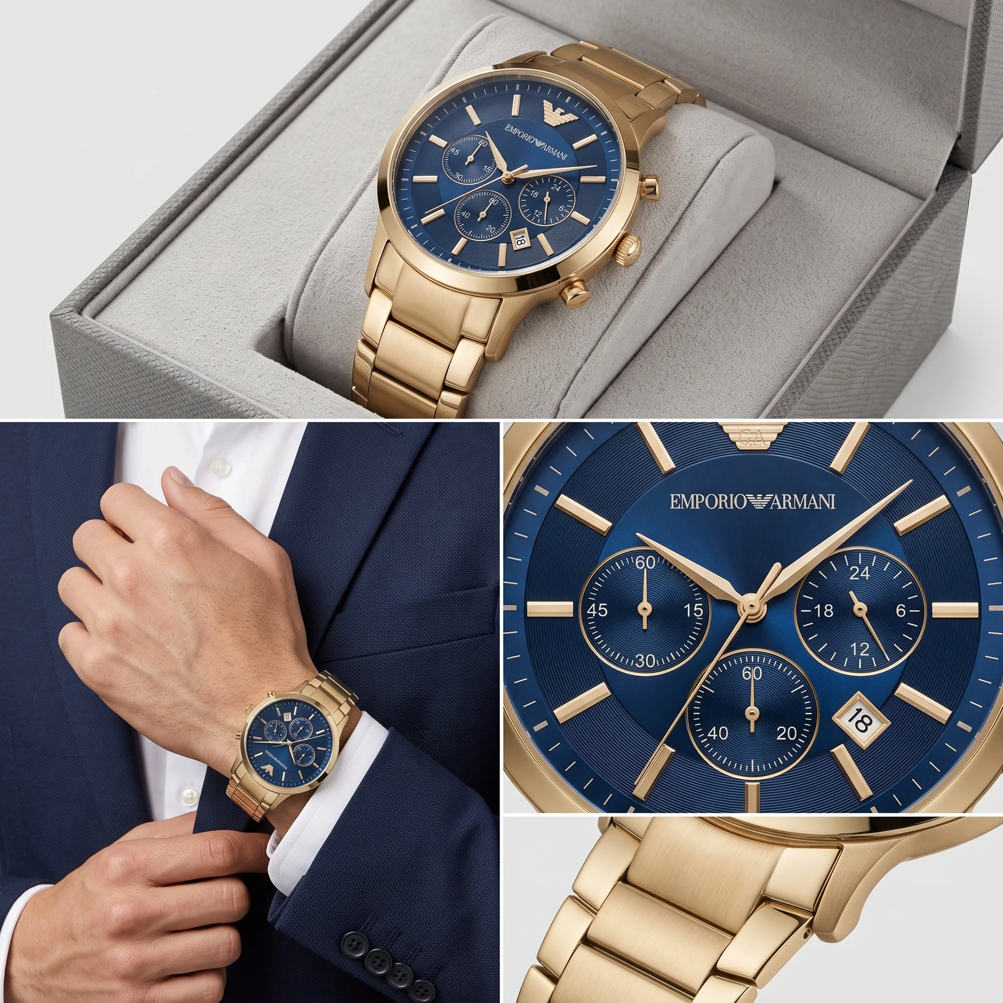 Emporio Armani Chronograph Gold & Blue — إيمبوريو أرماني كرونوغراف الذهب والأزرق (أرماني رويال الذهبية الفاخرة)