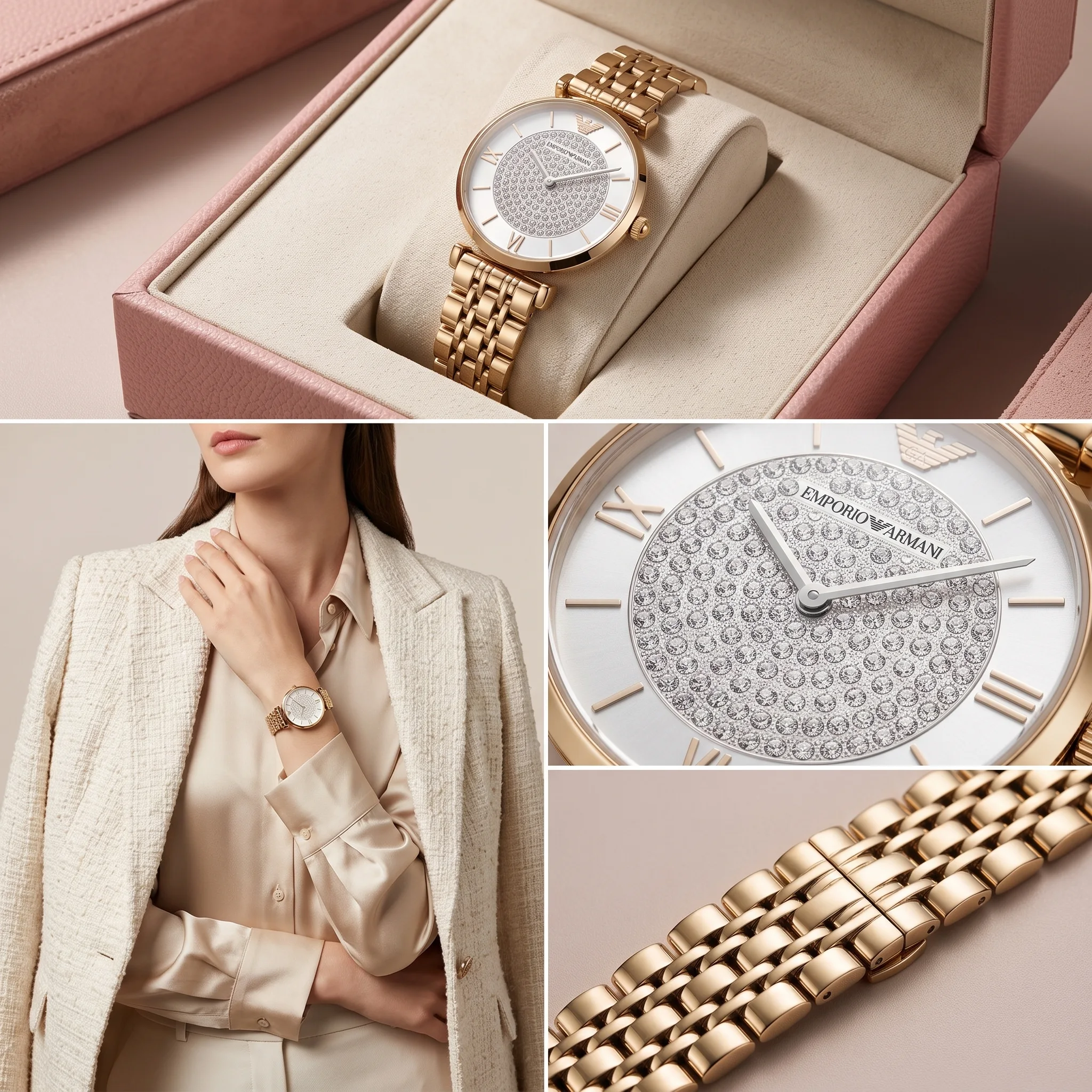 Emporio Armani Gianni T-Bar Full Gold Crystal — إيمبوريو أرماني جياني تي-بار الذهبية بالكامل المرصعة بالكريستال (رويال غولد النسائية الفاخرة)