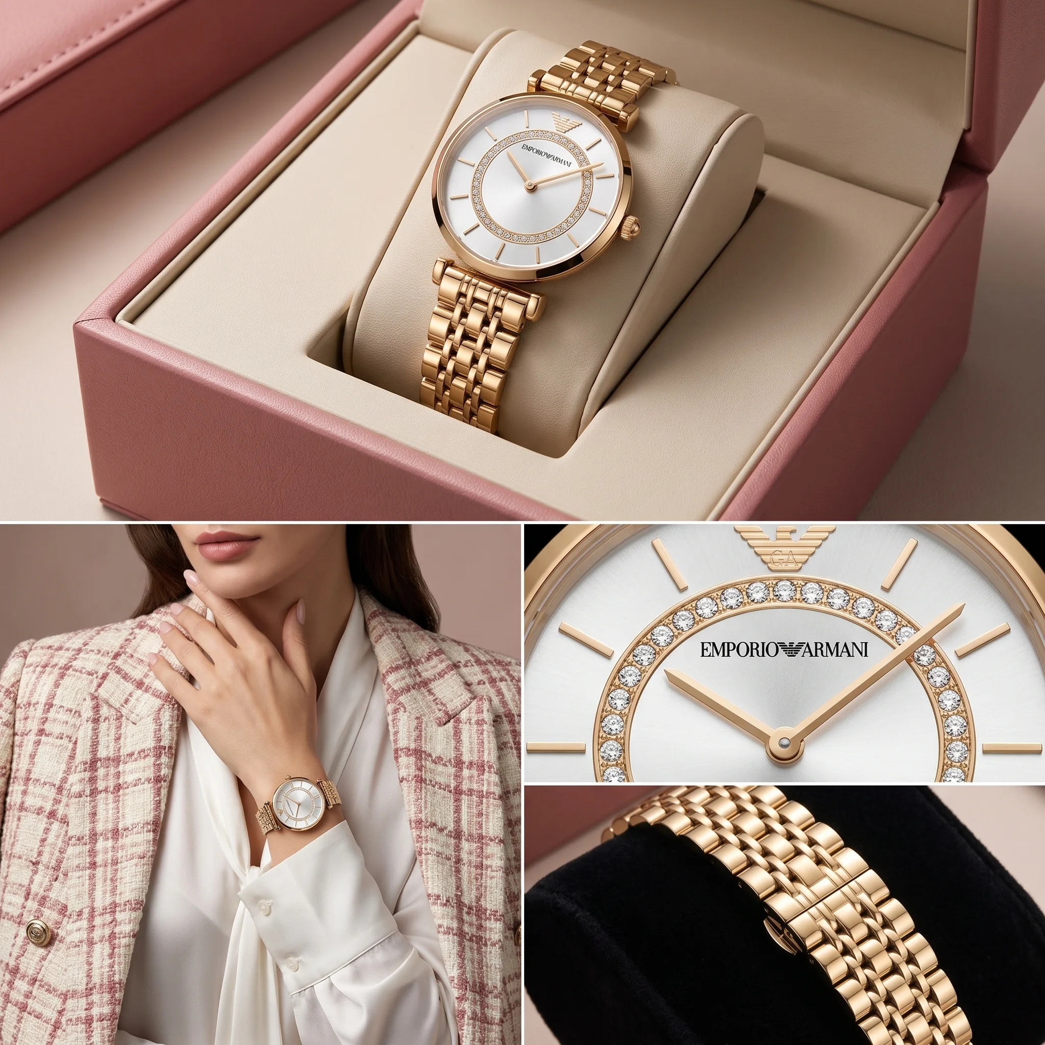 Emporio Armani Gianni T-Bar Gold & Crystal — إيمبوريو أرماني جياني تي-بار الذهبية المرصعة بالكريستال (أرماني غولد رايتشل النسائية الفاخرة)