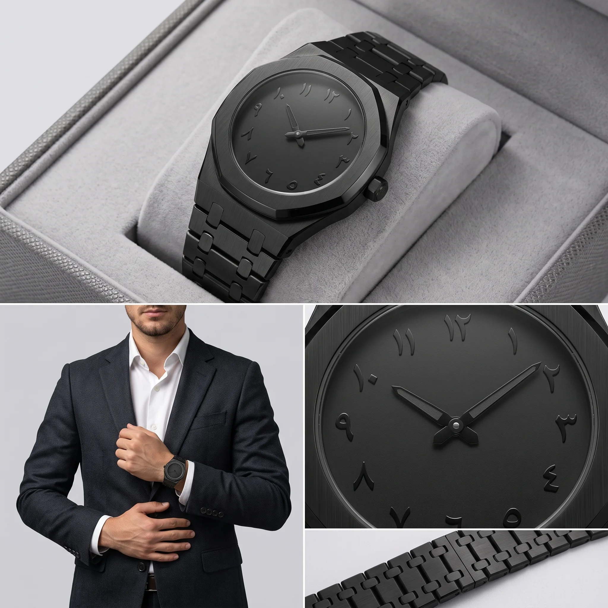 Minimalist Arabic Dial Black Watch — ساعة أراضيك السوداء ذات الأرقام العربية (ساعة الظل الأسود الملكية)