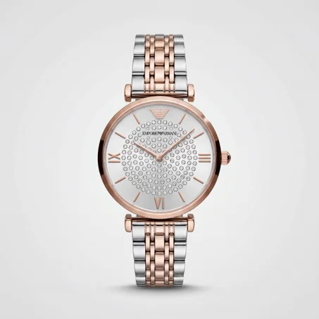 Emporio Armani Gianni T-Bar Two-Tone Crystal — إيمبوريو أرماني جياني تي-بار الثنائية المرصعة بالكريستال (أرماني روز دياموند النسائية الفاخرة)