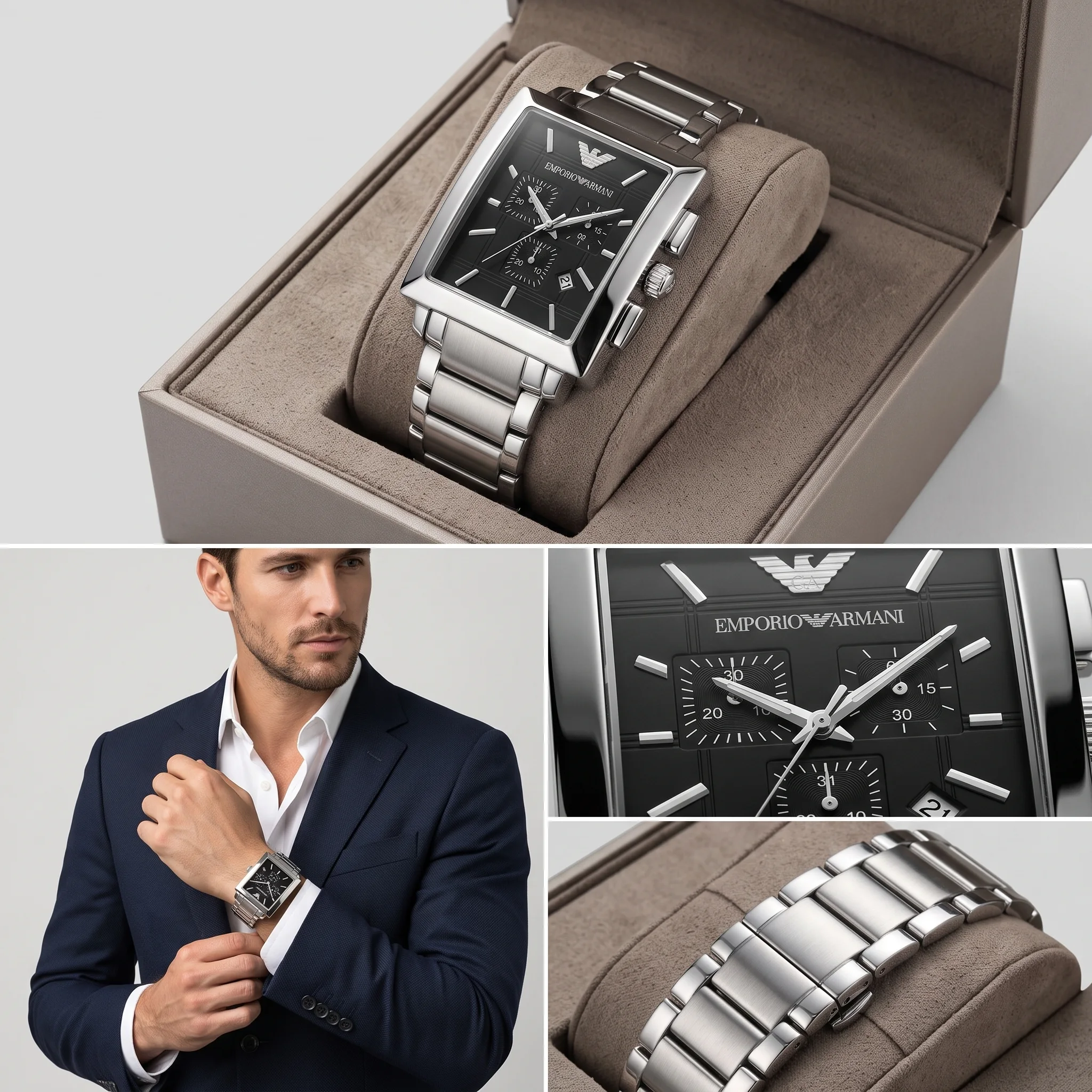 Emporio Armani Rectangular Chronograph Steel & Black — إيمبوريو أرماني كرونوغراف المستطيلة الفولاذية السوداء