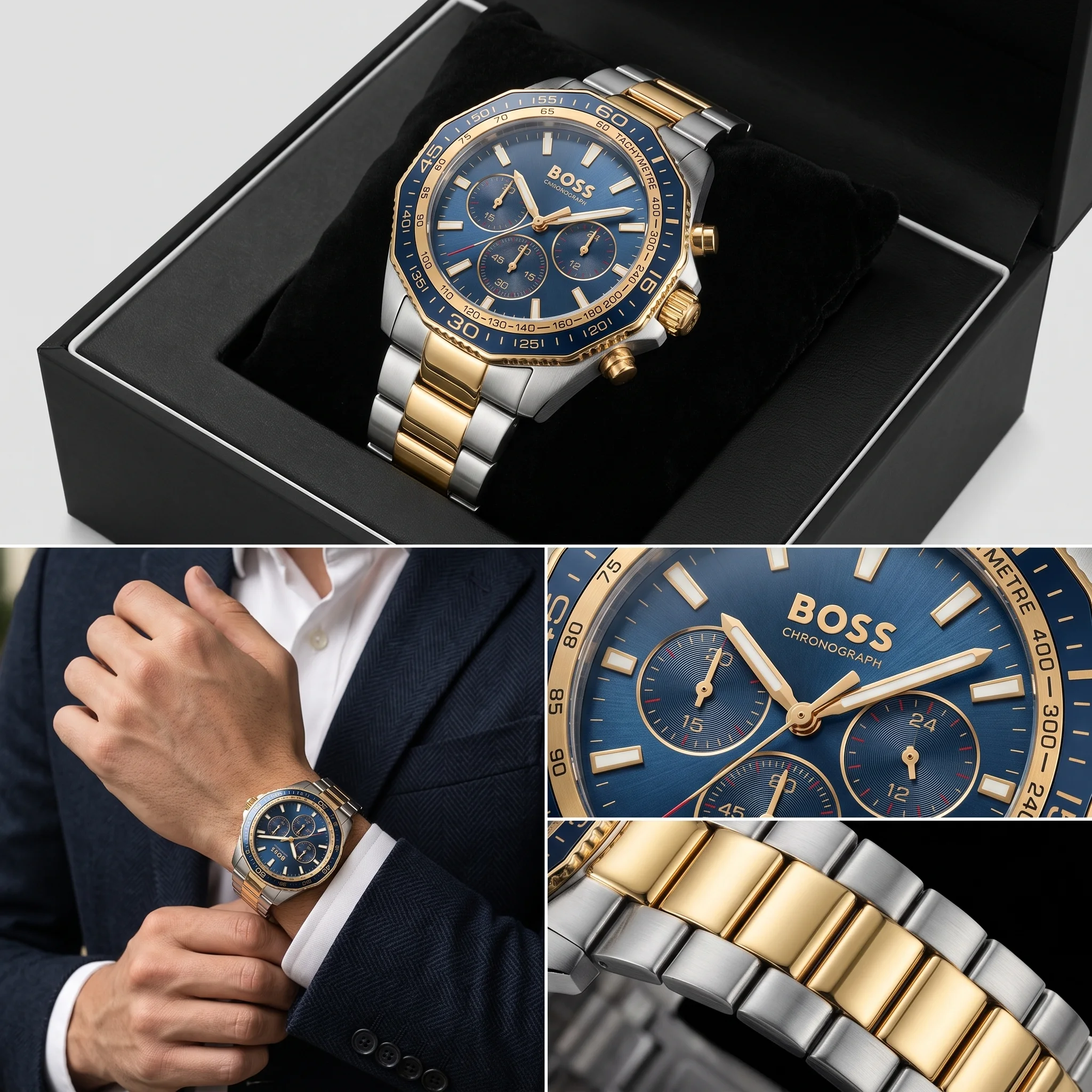 Hugo Boss Chronograph Two-Tone Gold & Blue — هوغو بوس كرونوغراف الثنائية الذهبية الزرقاء (هوغو بوس رويال بلو الفاخرة)