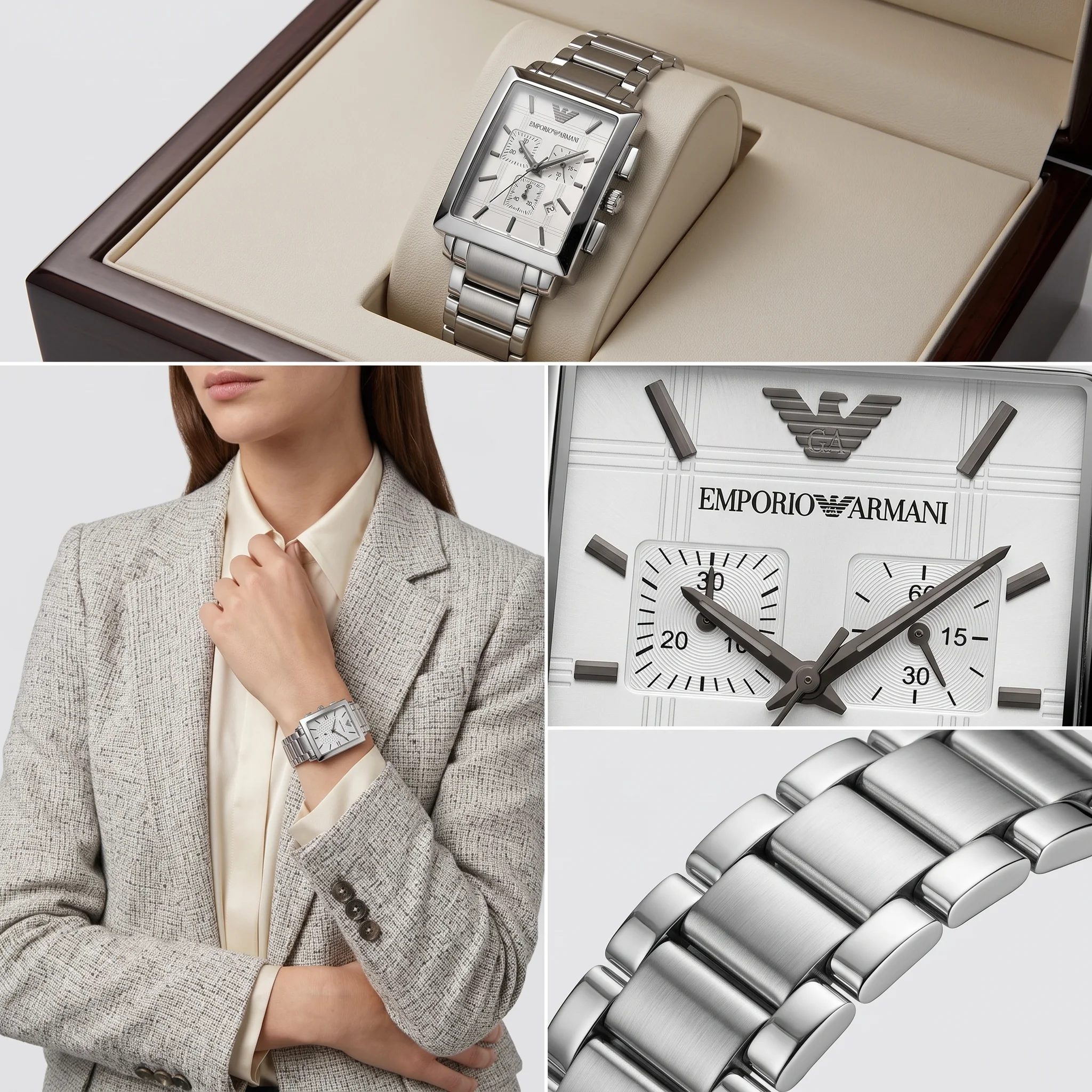 Emporio Armani Rectangular Chronograph Steel & White — إيمبوريو أرماني كرونوغراف المستطيلة الفولاذية البيضاء (أرماني بيرل النسائية الفاخرة)
