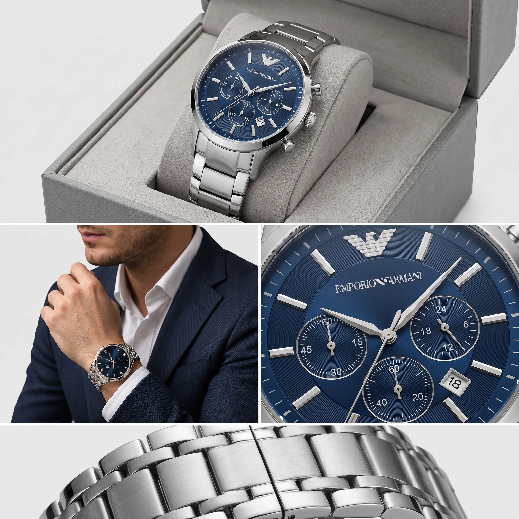 Emporio Armani Chronograph Steel & Blue — إيمبوريو أرماني كرونوغراف الفولاذ والأزرق الفاخرة