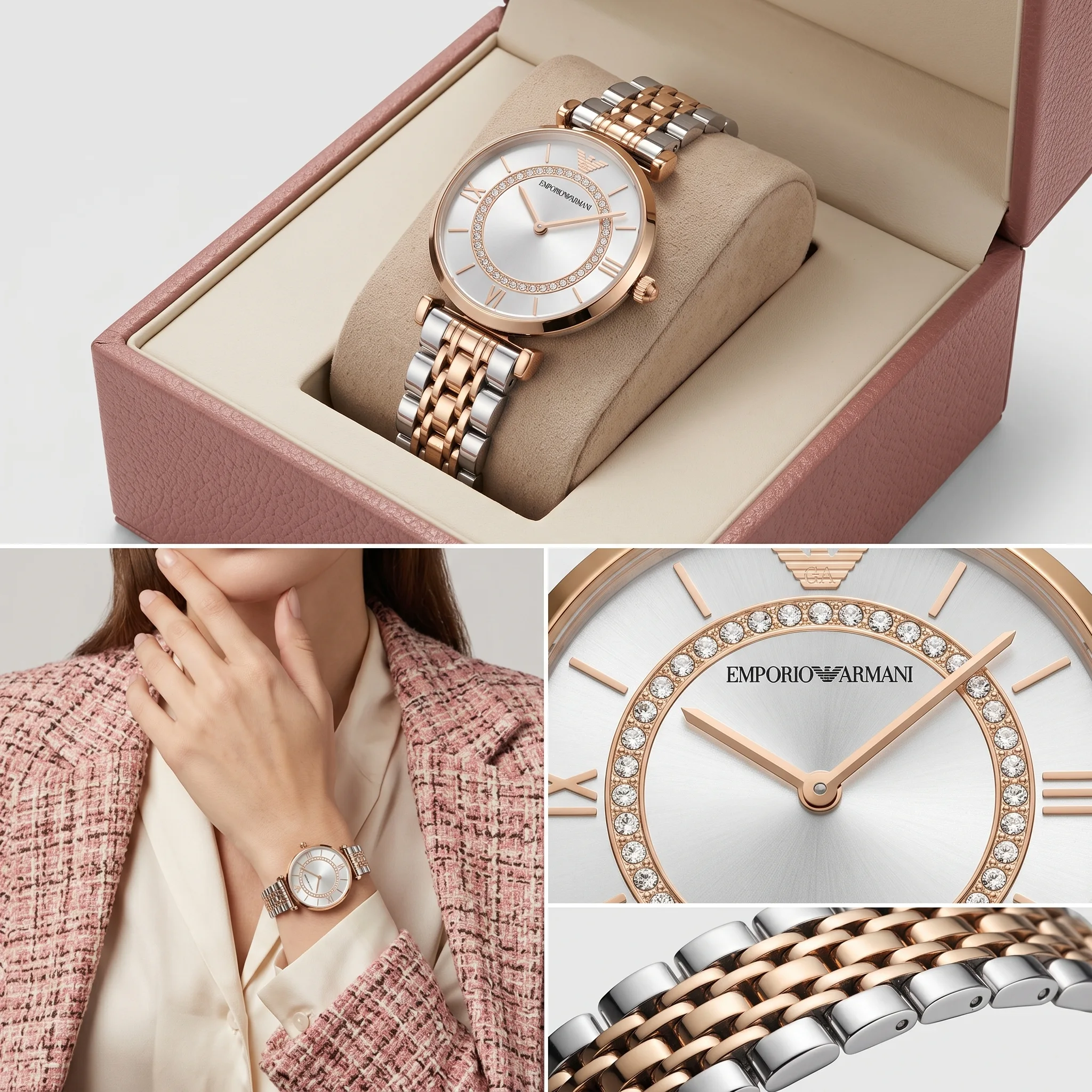 Emporio Armani Gianni T-Bar Two-Tone Gold & Silver Crystal