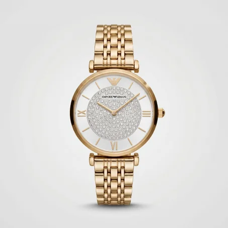 Emporio Armani Gianni T-Bar Full Gold Crystal — إيمبوريو أرماني جياني تي-بار الذهبية بالكامل المرصعة بالكريستال (رويال غولد النسائية الفاخرة)