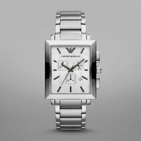 Emporio Armani Rectangular Chronograph Steel & White — إيمبوريو أرماني كرونوغراف المستطيلة الفولاذية البيضاء (أرماني بيرل النسائية الفاخرة)