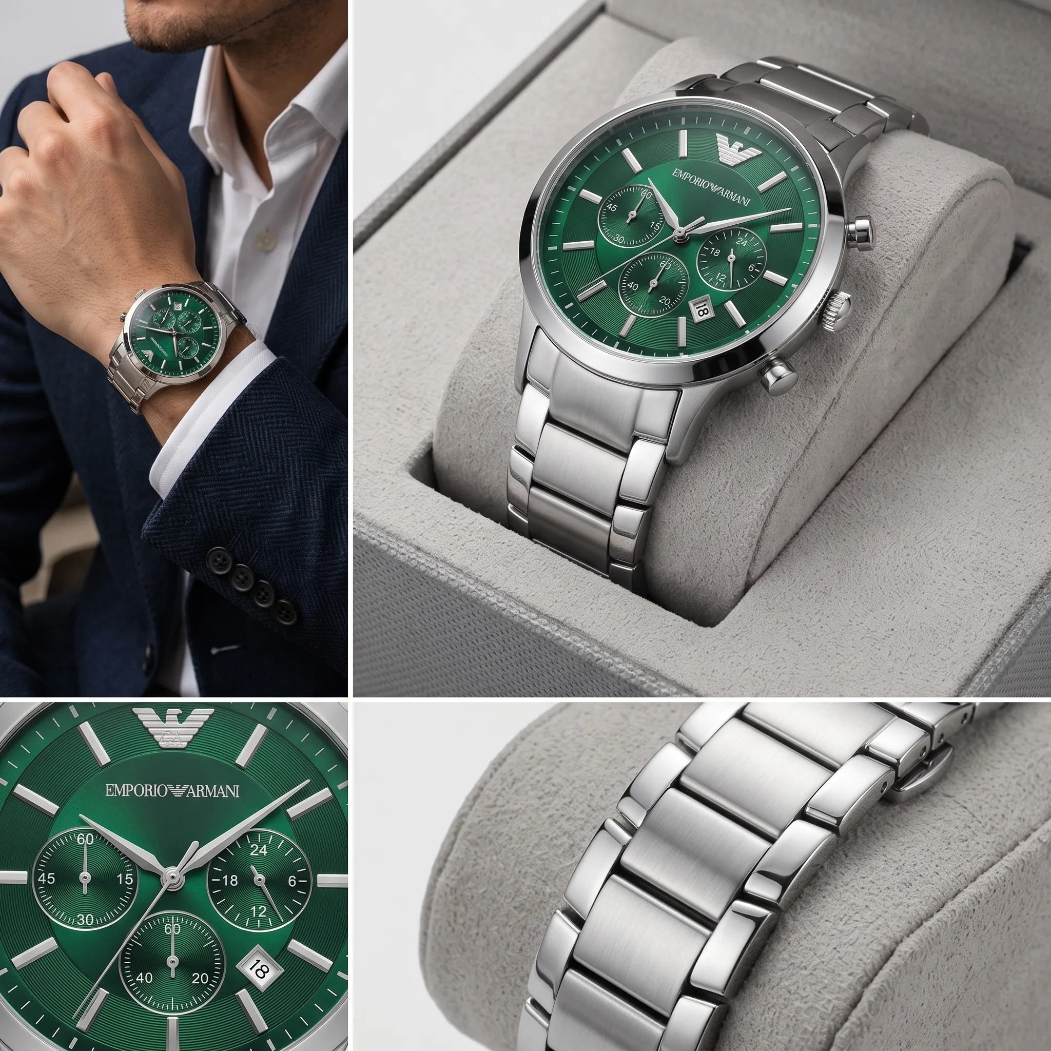 Emporio Armani Chronograph Steel & Green — إيمبوريو أرماني كرونوغراف الفولاذ والأخضر (أرماني إيمرالد الخضراء الفاخرة)