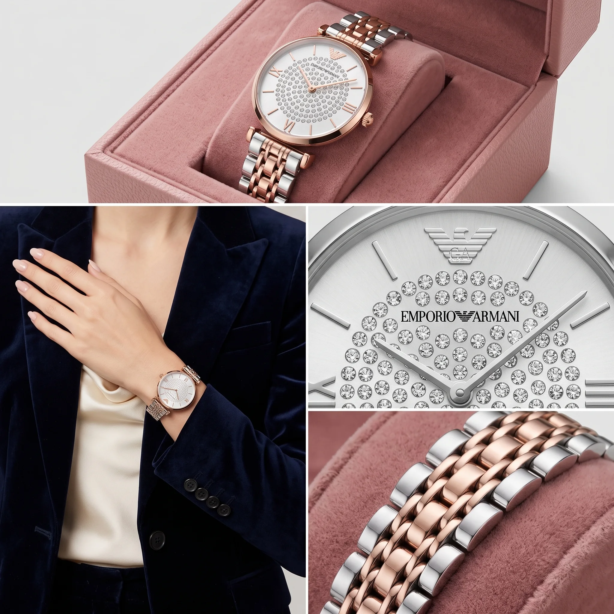 Emporio Armani Gianni T-Bar Two-Tone Crystal — إيمبوريو أرماني جياني تي-بار الثنائية المرصعة بالكريستال (أرماني روز دياموند النسائية الفاخرة)