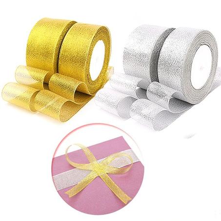 2 Rouleau de ruban d'emballage cadeau 2.5CM - doré et argenté - 22m/Rouleau