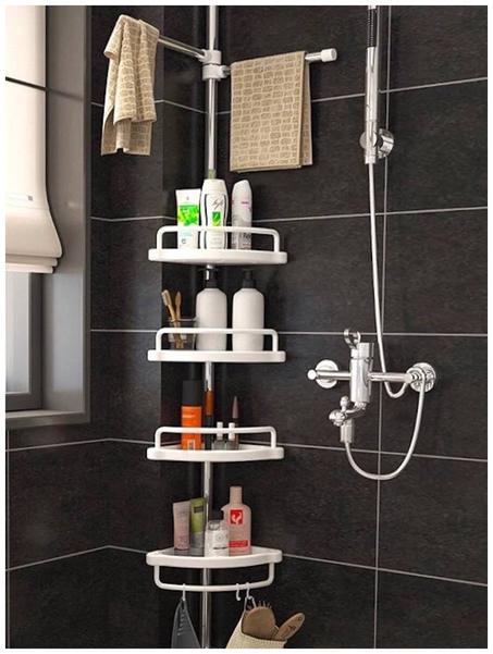 حامل دش زاوية للحمام - عمود شد تلسكوبي مقاوم للصدأ مع 4 رفوف تخزين