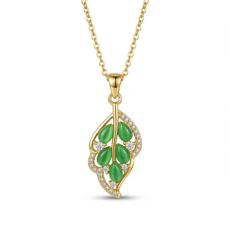 Collier Pendentif Feuille Dorée et Pierres Vertes