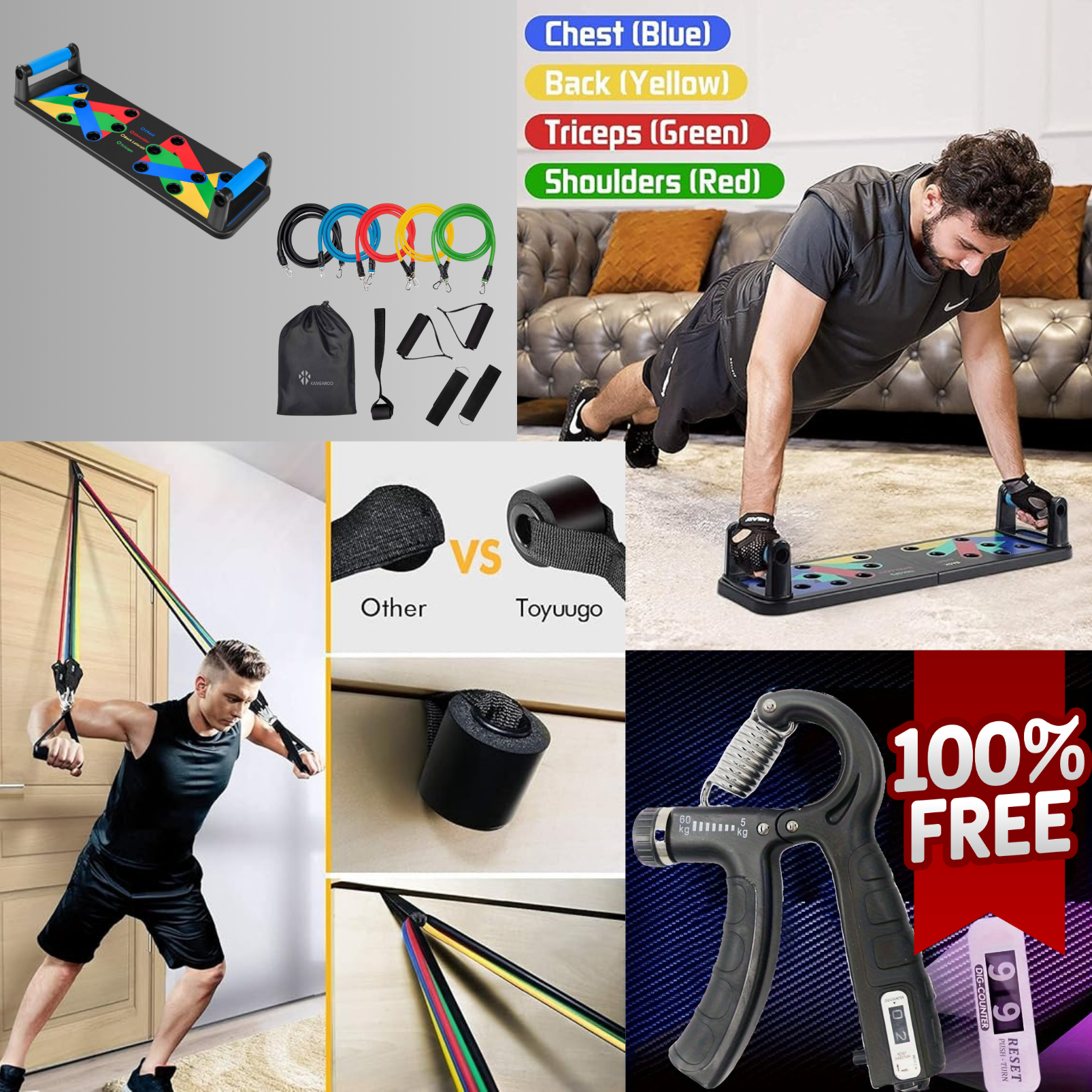 Resistance bands for fitness exercises + Push-up enhancement tool + Hand grip strengthening device,
