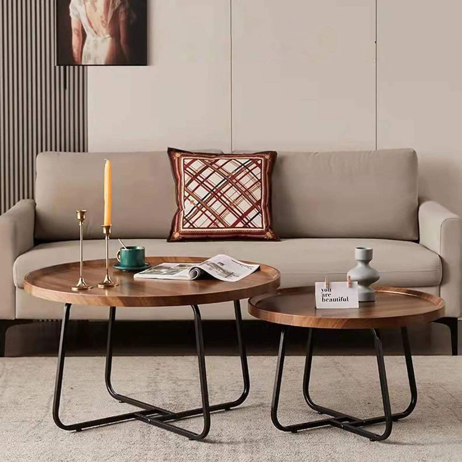 Ensemble de 2 Tables Basses Rondes Style Rustique