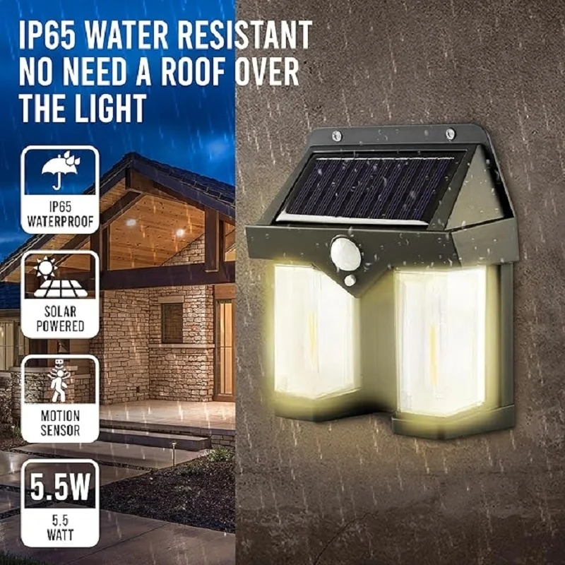Applique Murale Solaire à 2 Lampes avec Détecteur de Mouvement