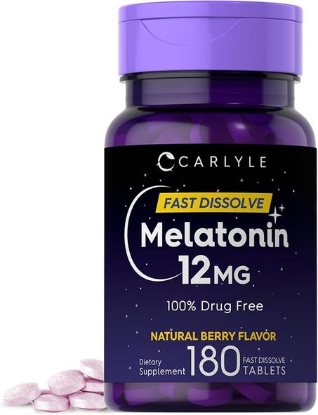 ميلاتونين 12 مجم سريع الذوبان 180 قرصًا من كارليل- مساعد للنوم ليلًا- نكهة التوت الطبيعية- نباتي، غير معدّل وراثيًا، خالٍ الغلوتين، حبوب