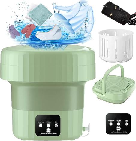 غسالة صغيرة محمولة سعة 6 لتر مع سلة تصريف، قابلة للطي، للطي ومجفف دوار، 3 اوضاع للتنظيف العميق، للشقق والسفر والتخييم والملابس الداخلية والاشياء الصغيرة من ايوجيلي، أخضر، تحميل علوي