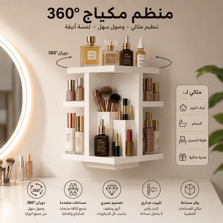 💄 منظم المكياج الدوار 360° | أناقة، تنظيم، وتوفير للمساحة ✨