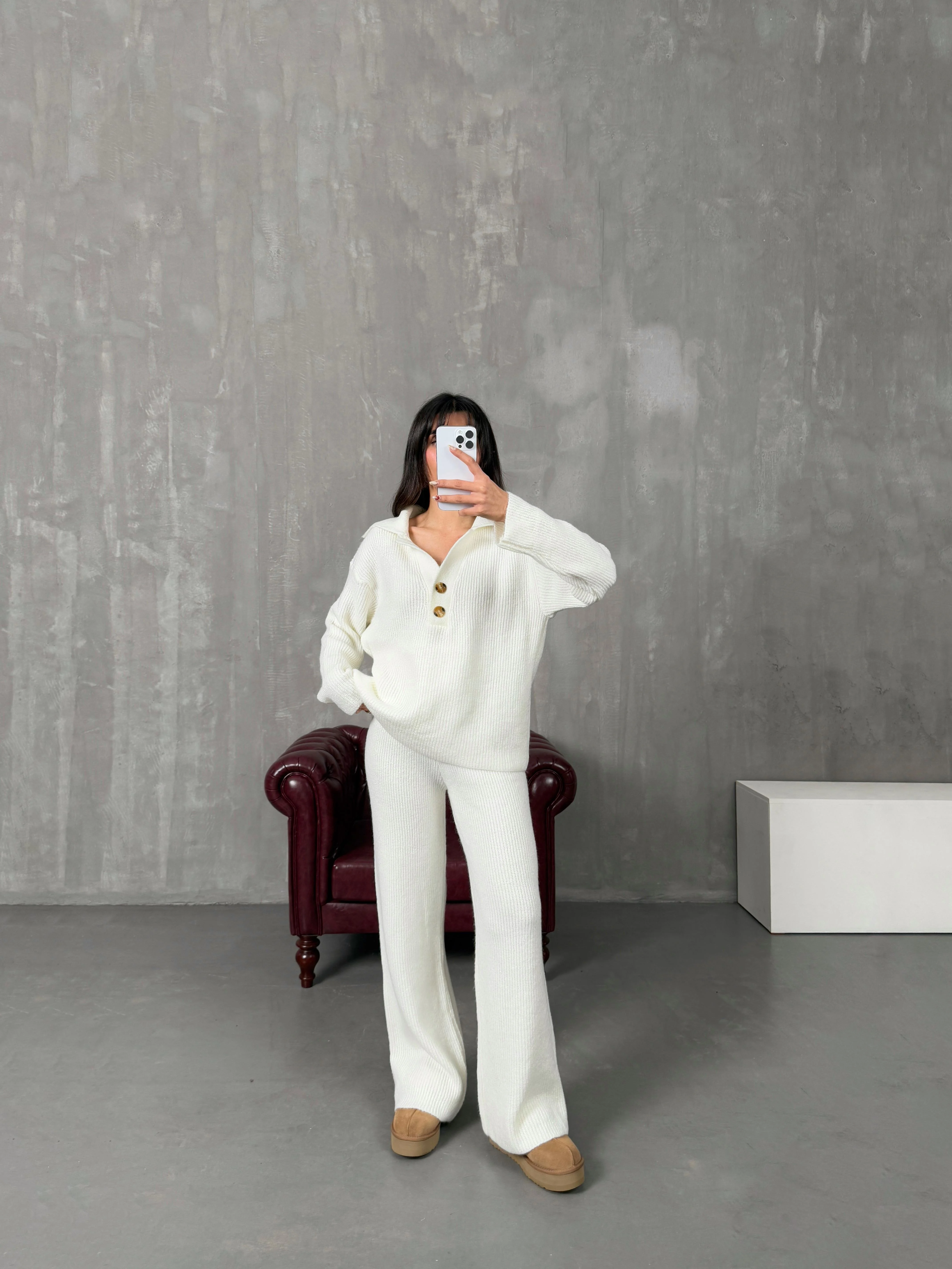 Ensemble tricoté côtelé à col polo ajusté