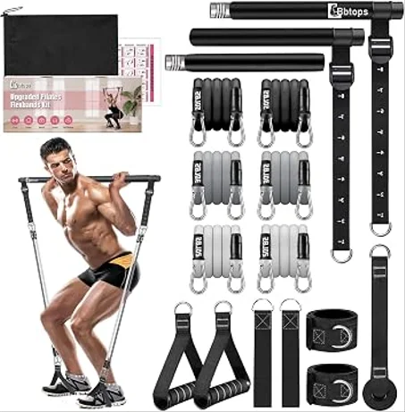 مجموعة قضيب البيلاتس (Pilates Bar) من Bbtops مع أحزمة مقاومة قابلة للدمج؛ معدات تمرين مخصصة للساقين والوركين والخصر والذراعين، مناسبة للرجال والنساء لممارسة اليوغا والبيلاتس والتمارين الرياضي