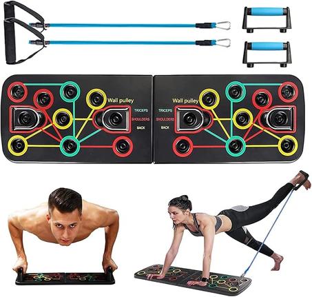 ارابيست لوح ضغط، حامل رفع متعدد الوظائف مع احزمة مقاومة، معدات تدريب القوة المحمولة القابلة للطي للرجال والنساء، مقابض دفع للأرضية لتقوية الذراعين والقلب والظهر