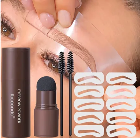 طقم ختم الحواجب مع قوالب جاهزة + بودرة بني/أسود – مقاوم للماء وثابت طويلًا لتحديد الحواجب وخط الشعر