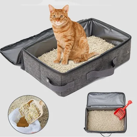 Foldable Cat Travel Litter Box with Zipper Lid – Waterproof Portable Oxford Cloth Design