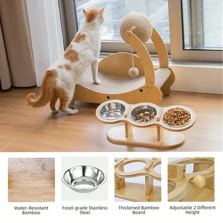 3-in-1 Raised Cat Feeder with Wooden Stand – Stainless Steel Bowls