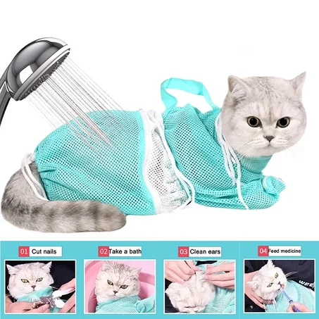 Adjustable Cat Grooming Shower Bag – Mesh Restraint for Bath & Nail Trimming