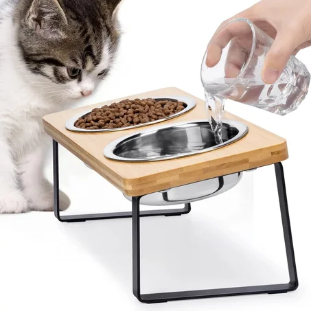 Tilted Elevated Cat Bowls with Wooden Stand – 2 Stainless Steel Bowls
