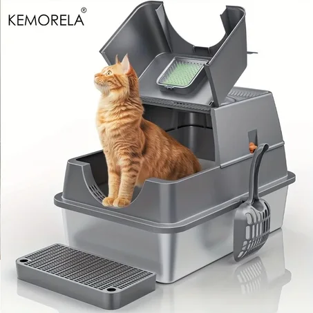 KEMORELA Stainless Steel Cat Litter Box with Lid – Enclosed, High-Sided, Odor-Proof, Easy-Clean with Scoop