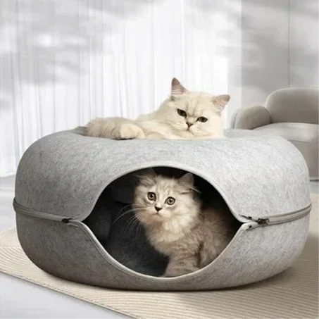 2-in-1 Felt Donut Cat Bed – Tunnel Hideaway with Breather Hole