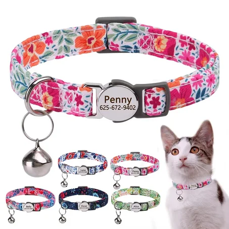 Personalized Cat Collar with Bell – Adjustable Quick Release, Cute Print Nylon, Pink