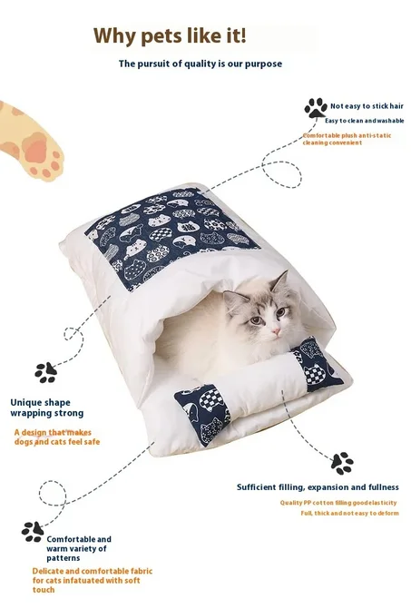 Japanese Cat Bed – Washable Semi-Enclosed Sleeping Bag for Winter