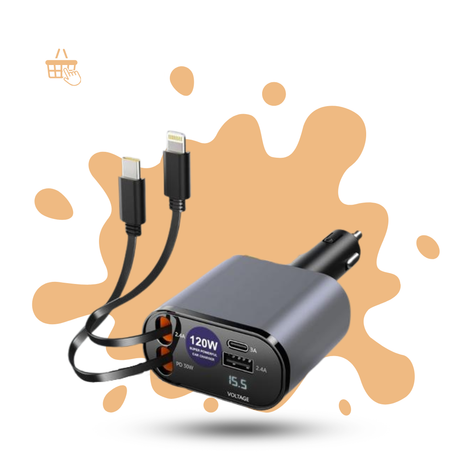 شاحن سيارة مزود بأربعة منافذ وكابل قابل للسحب