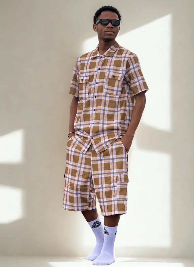 Ensemble Chemise + Short à Carreaux Marron & Blanc