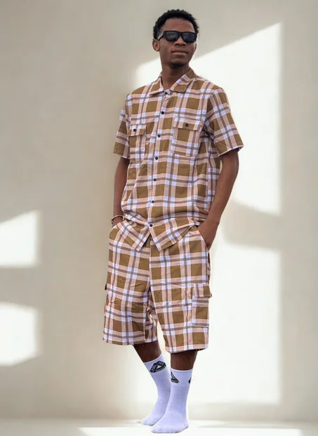 Ensemble Chemise + Short à Carreaux Marron & Blanc