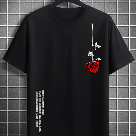Rose Print Letter Print Men's T-Shirt Fashion Street Short Sleeve T Shirt For Men Casual Summer Top Breakable Loose Men Clothing