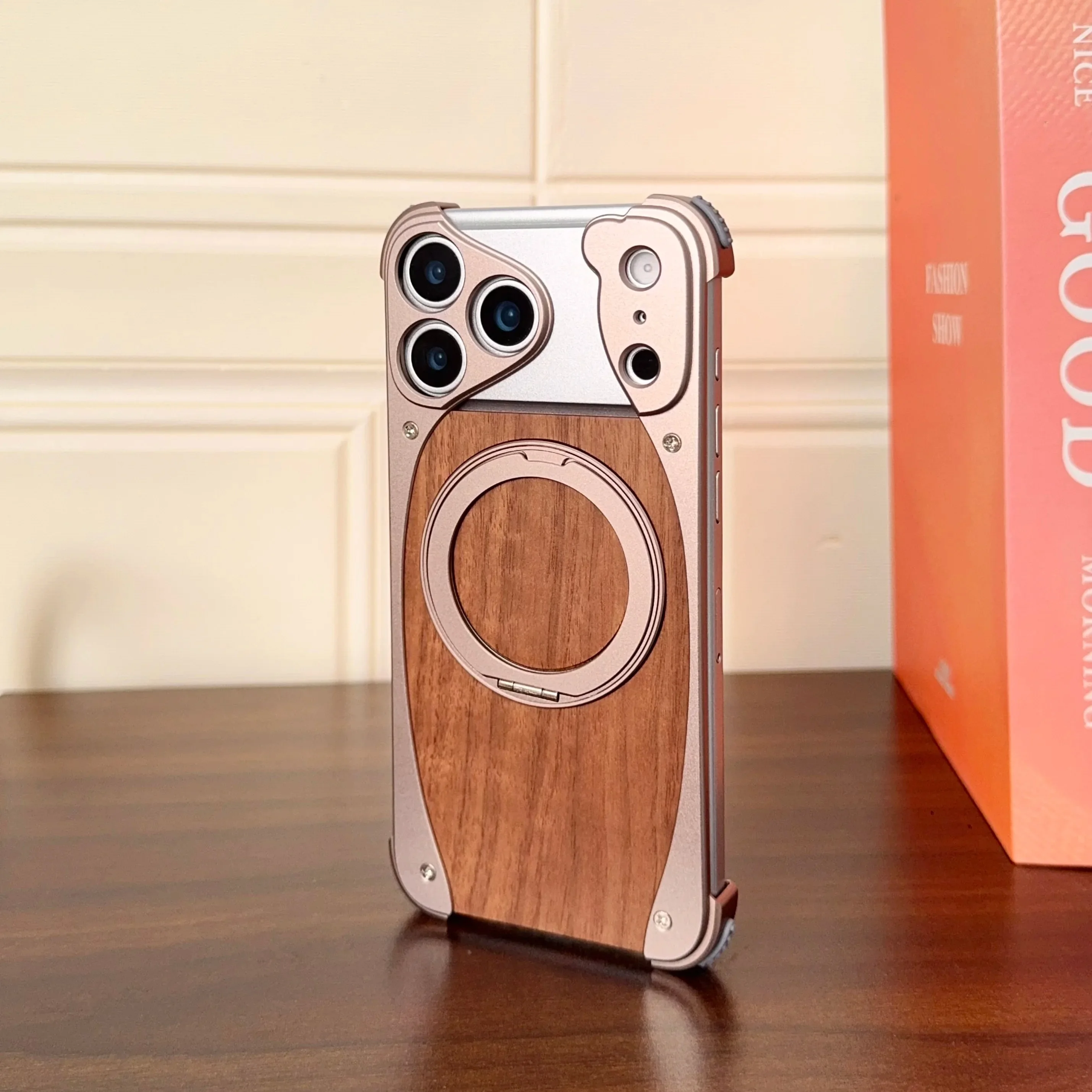 Luxury Metal Frame Walnut Wood Frameless Phone Case For iPhones Magsafe Magnetic 360 Rotating Bracket Cover