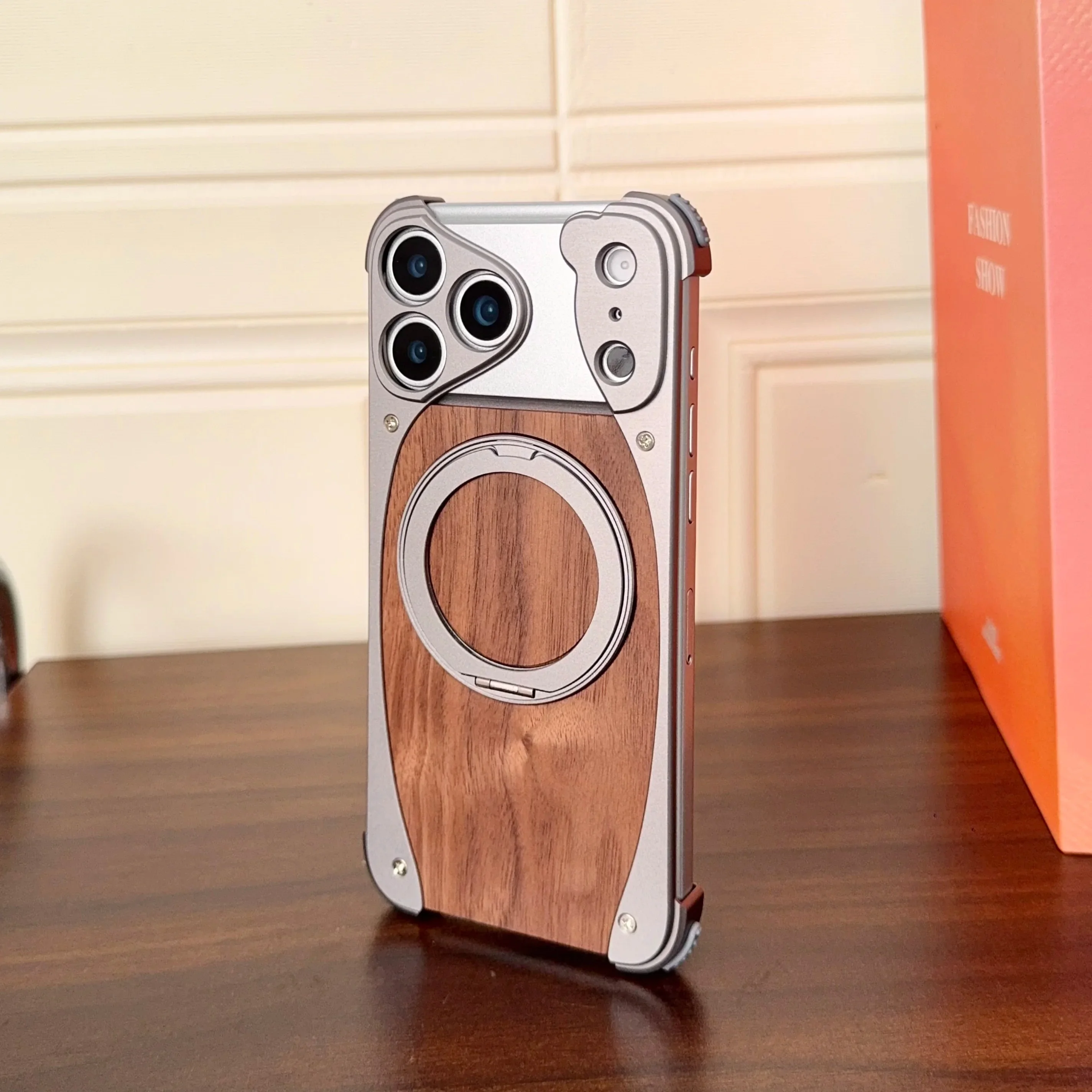 Luxury Metal Frame Walnut Wood Frameless Phone Case For iPhones Magsafe Magnetic 360 Rotating Bracket Cover