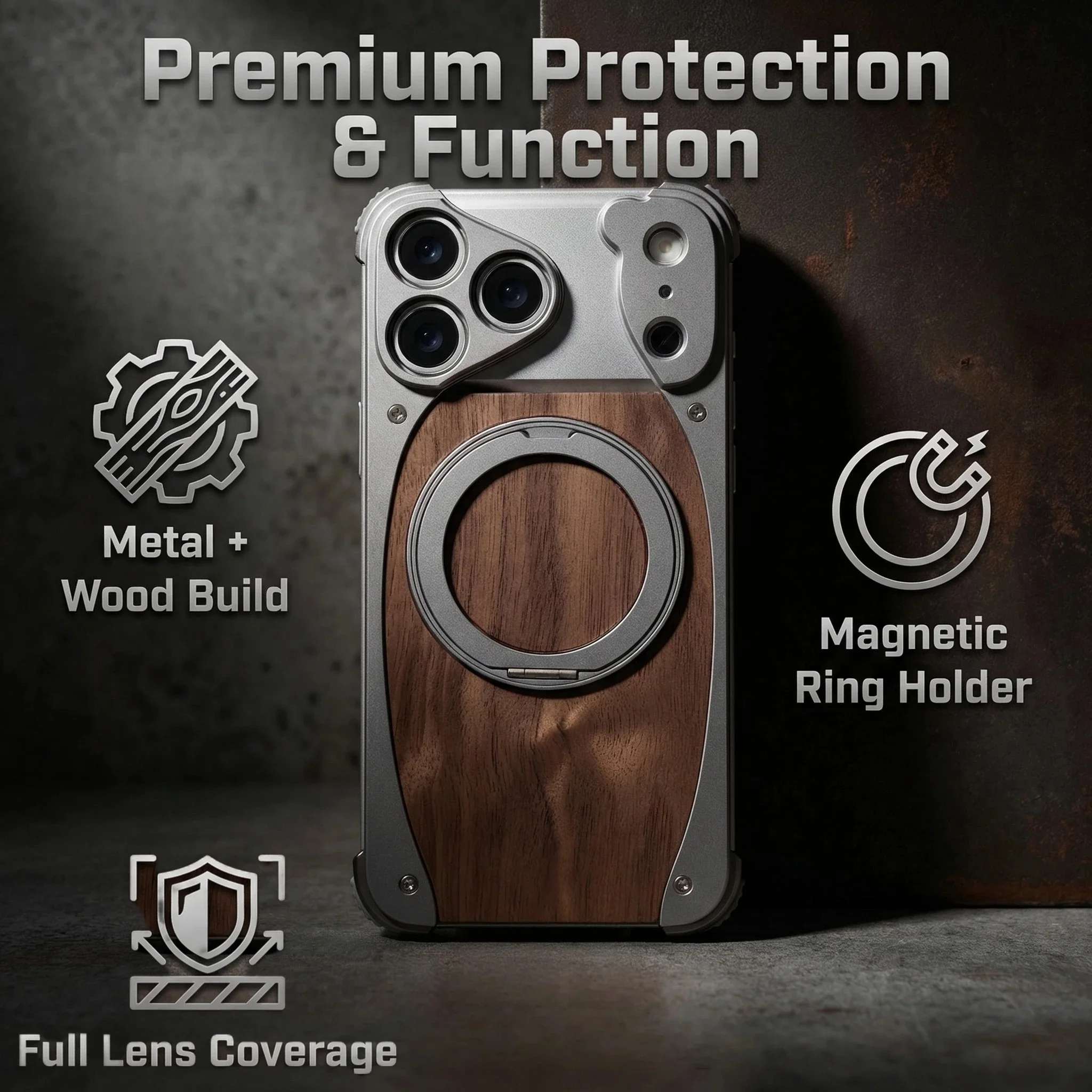 Luxury Metal Frame Walnut Wood Frameless Phone Case For iPhones Magsafe Magnetic 360 Rotating Bracket Cover