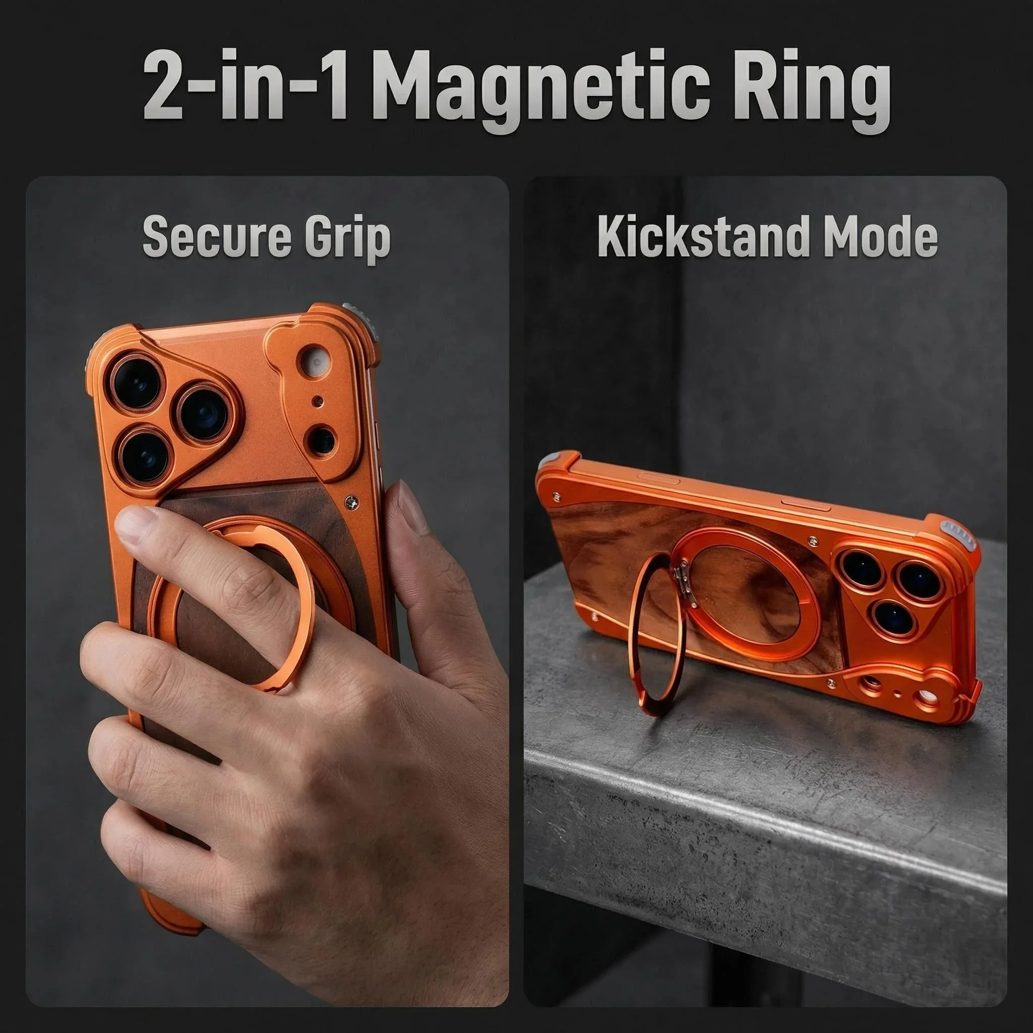 Luxury Metal Frame Walnut Wood Frameless Phone Case For iPhones Magsafe Magnetic 360 Rotating Bracket Cover