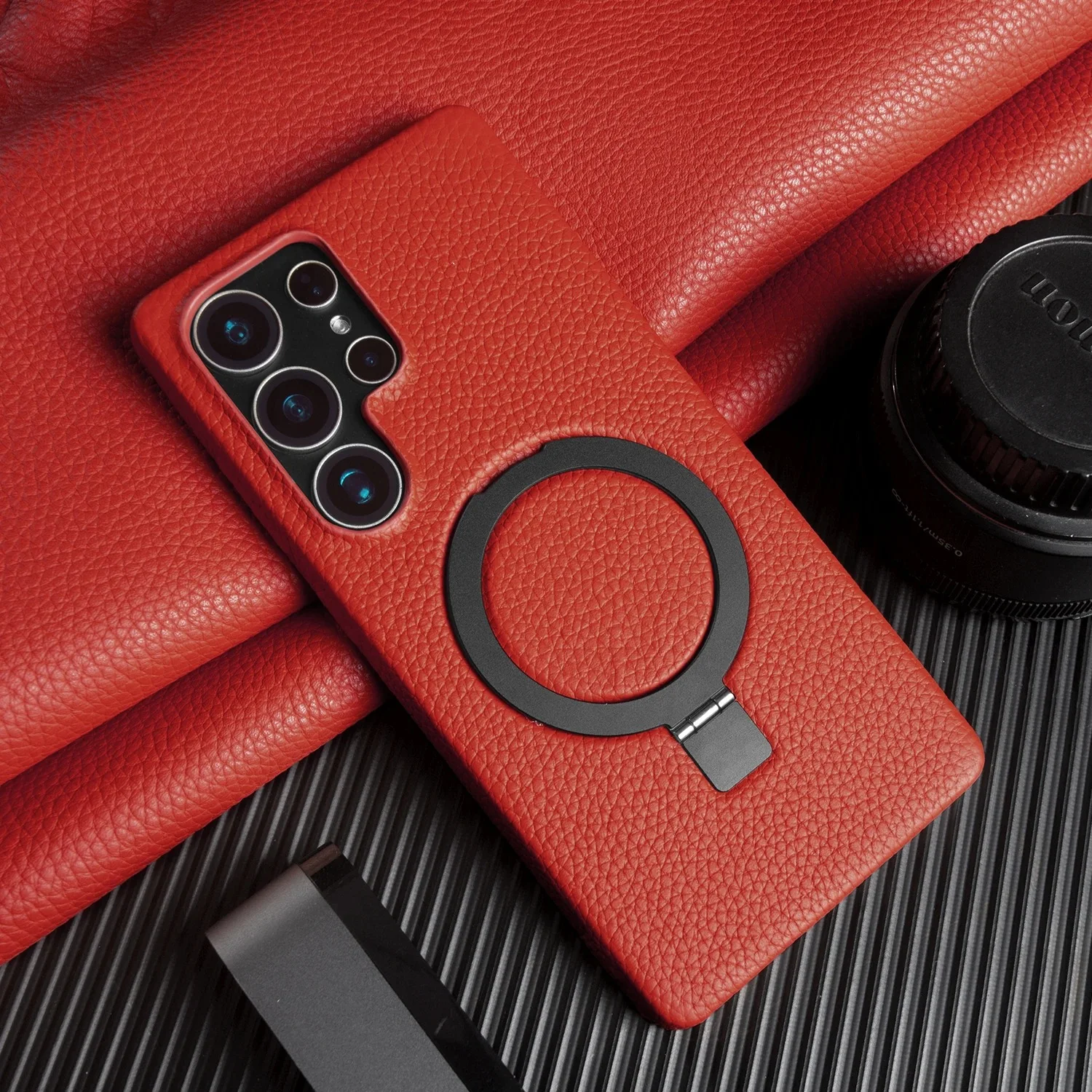 Foldable Bracket Lychee Genuine Leather Case For Samsung Galaxy S Series