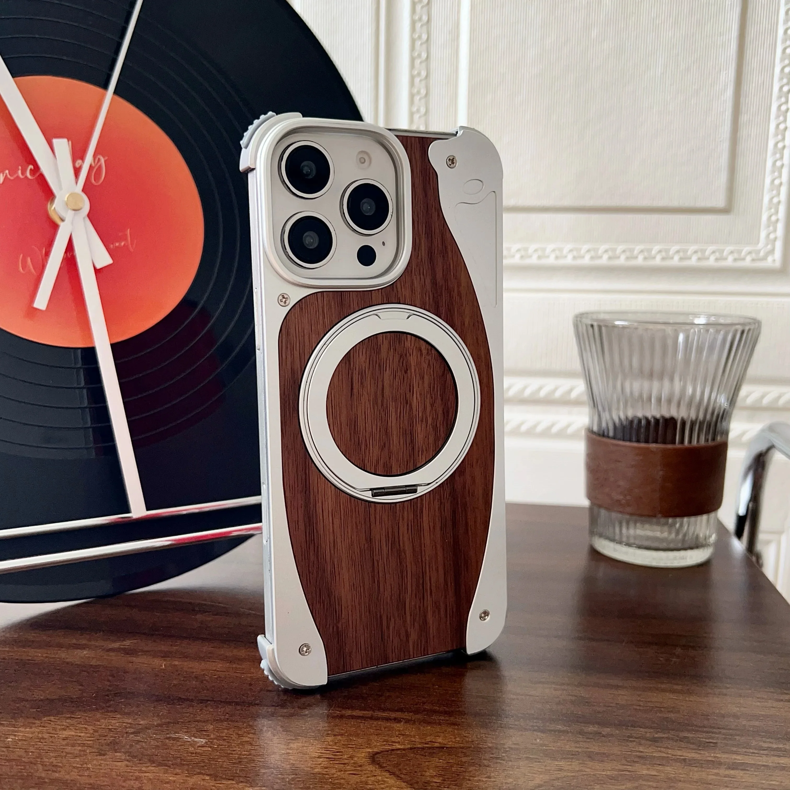 Luxury Metal Frame Walnut Wood Frameless Phone Case For iPhones Magsafe Magnetic 360 Rotating Bracket Cover
