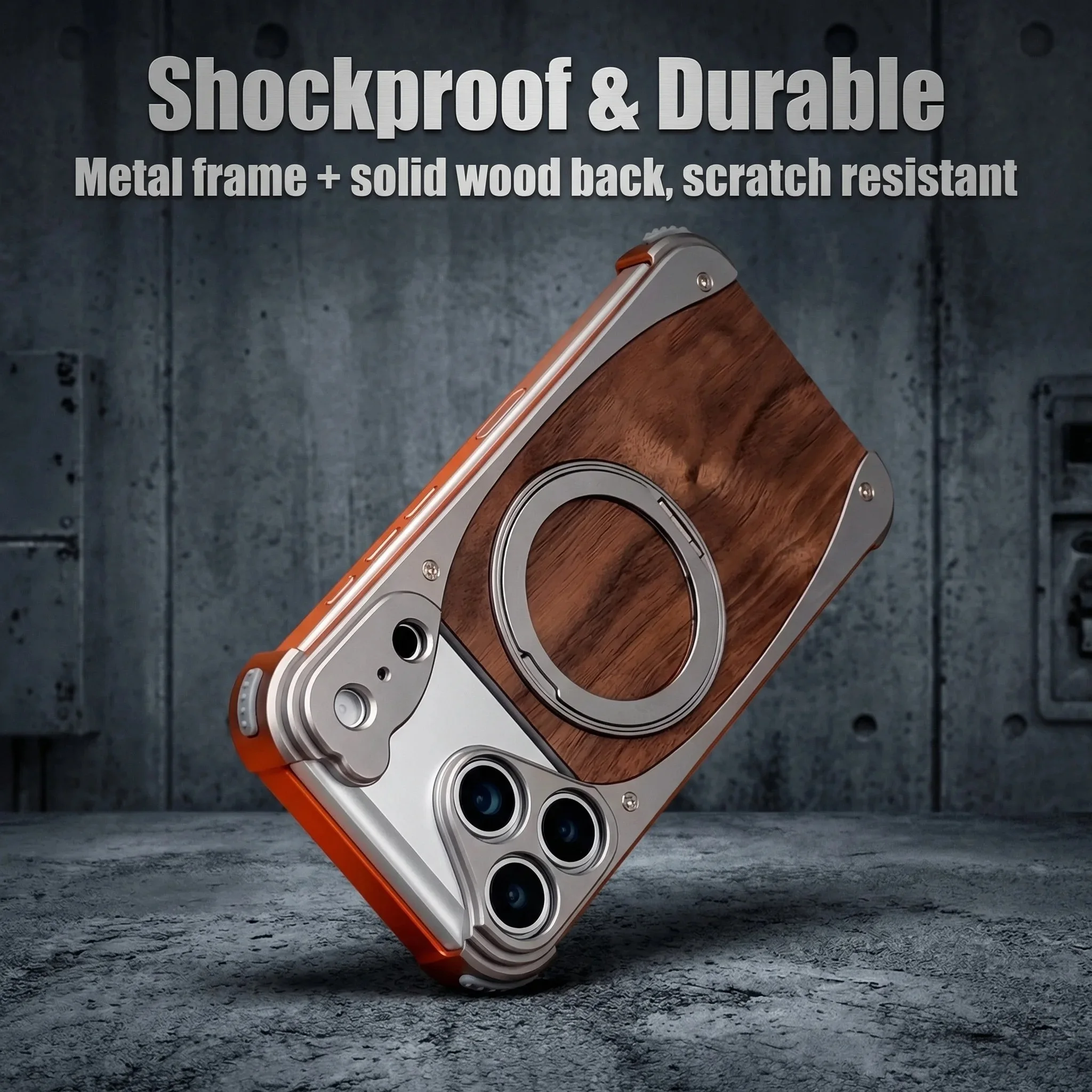 Luxury Metal Frame Walnut Wood Frameless Phone Case For iPhones Magsafe Magnetic 360 Rotating Bracket Cover