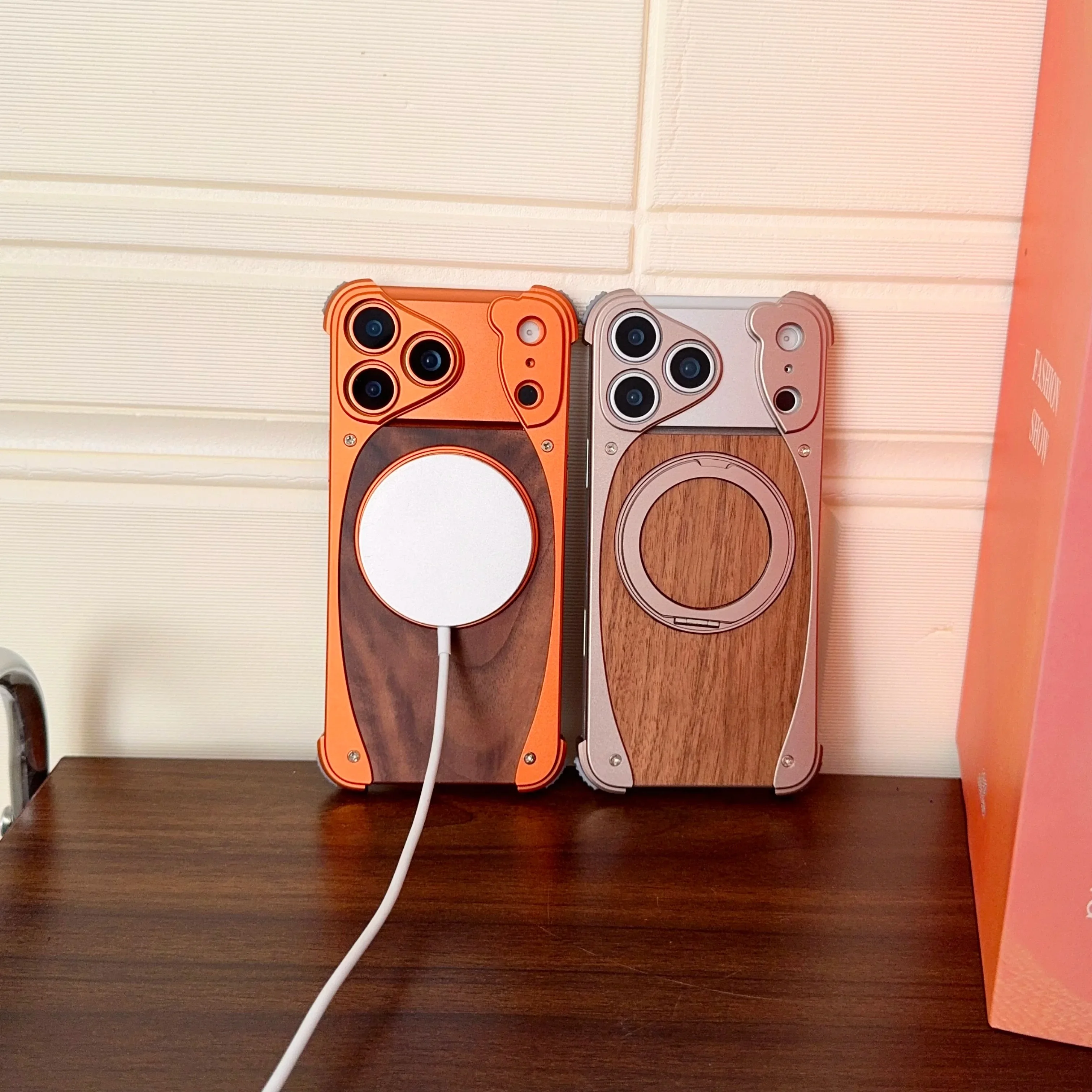 Luxury Metal Frame Walnut Wood Frameless Phone Case For iPhones Magsafe Magnetic 360 Rotating Bracket Cover