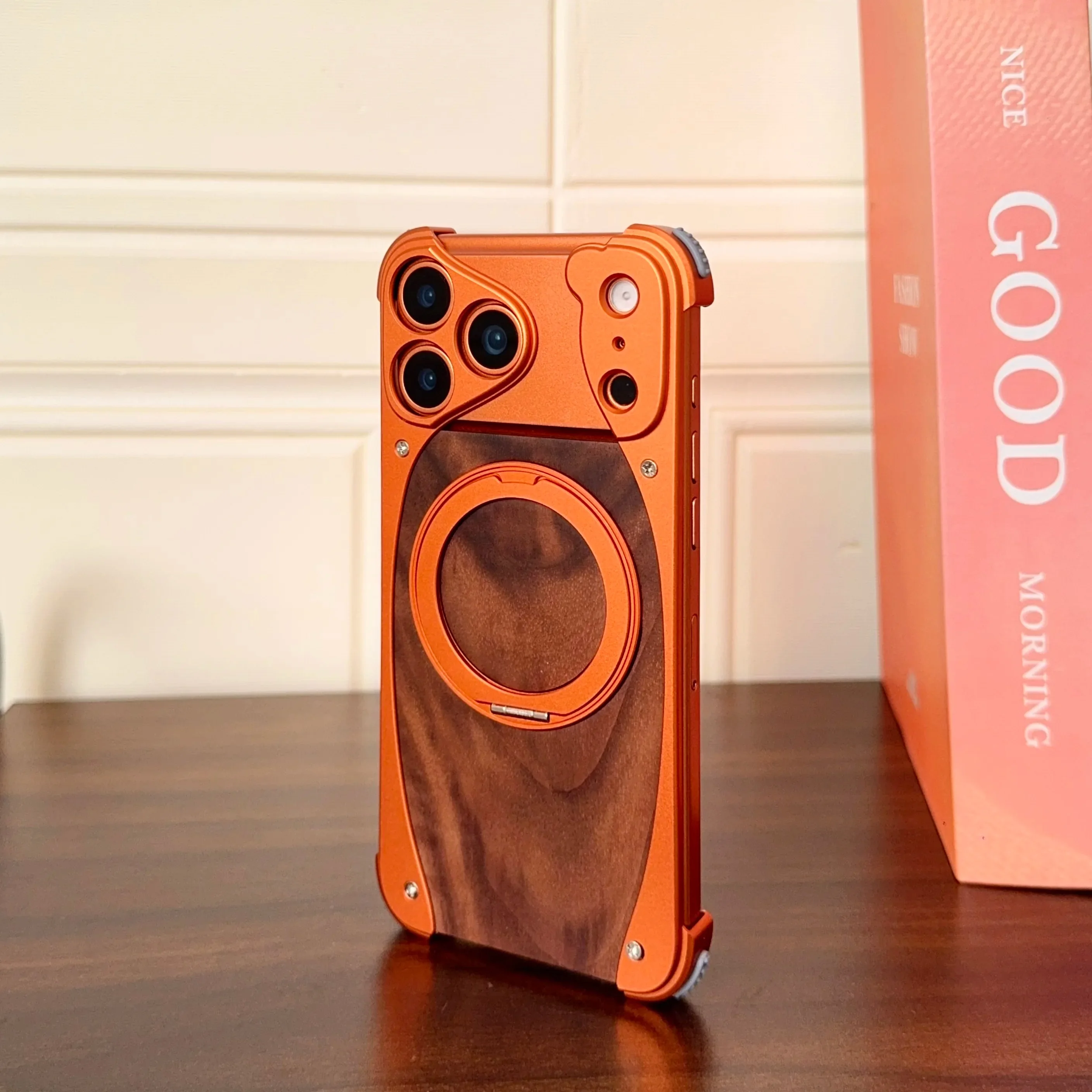 Luxury Metal Frame Walnut Wood Frameless Phone Case For iPhones Magsafe Magnetic 360 Rotating Bracket Cover